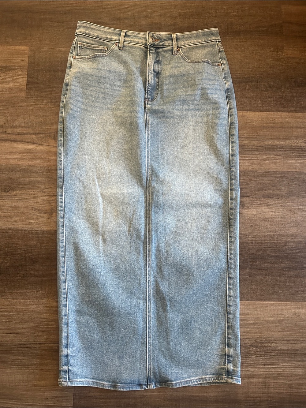 Express High Waisted Raw Hem Back Slit Maxi Denim Skirt